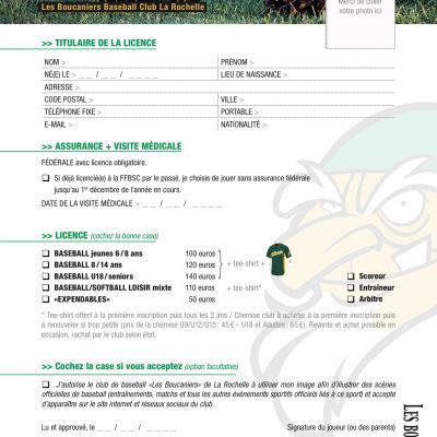Fiche licence baseball Boucaniers